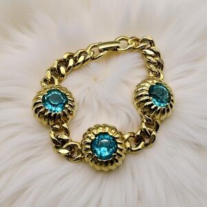 Signed Jomaz Vintage 60s Gold Tone Blue Faceted Glass Bracelet Joseph Mazer Bros